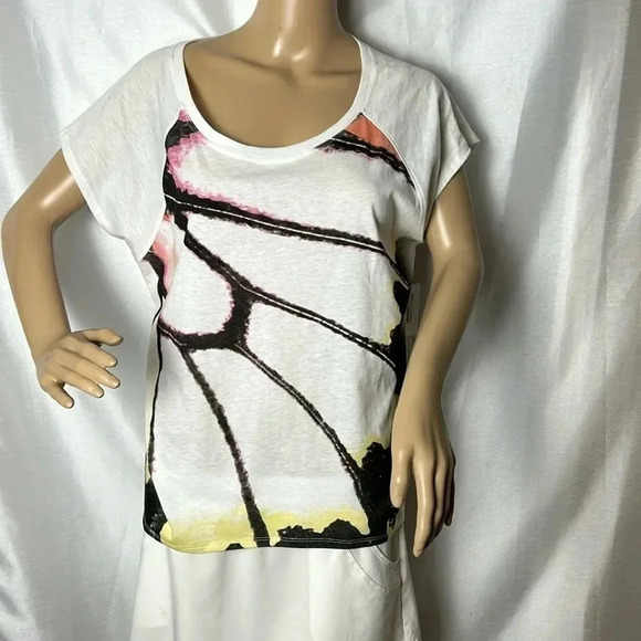 LOLE BEV TOP , graphic tee shirt , boxy , short raglan sleeves, hi low ,abstract - Picture 1 of 14